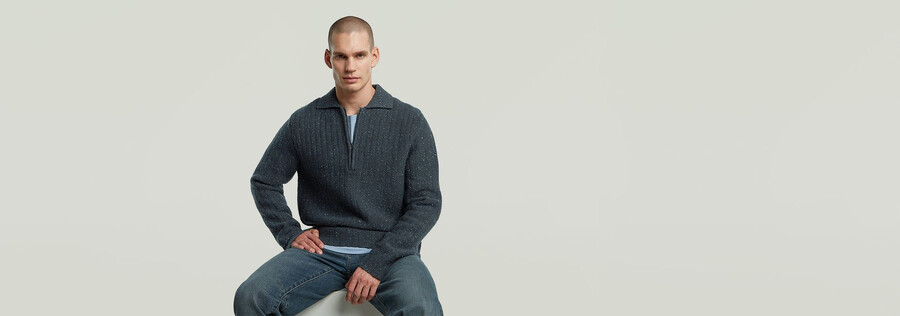 strickpullover mit polokragen und halbem reißverschluss