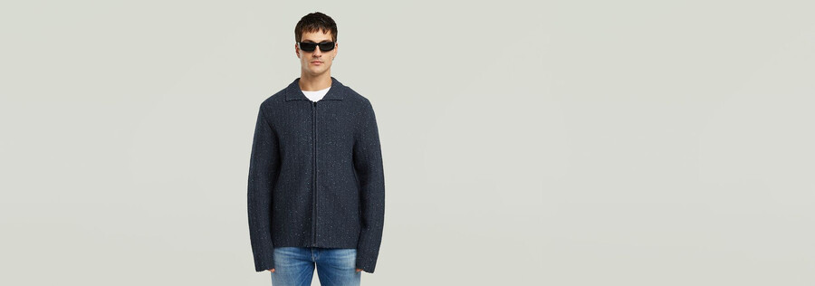 strickpullover mit polokragen und durchgehendem reißverschluss