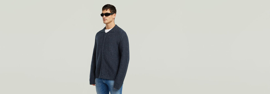strickpullover mit polokragen und durchgehendem reißverschluss